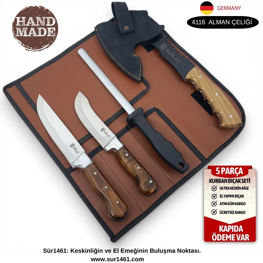 Handmade 5 Parça Kurbanlık Bıçak Seti Kasap Bıçaklı Baltalı Set